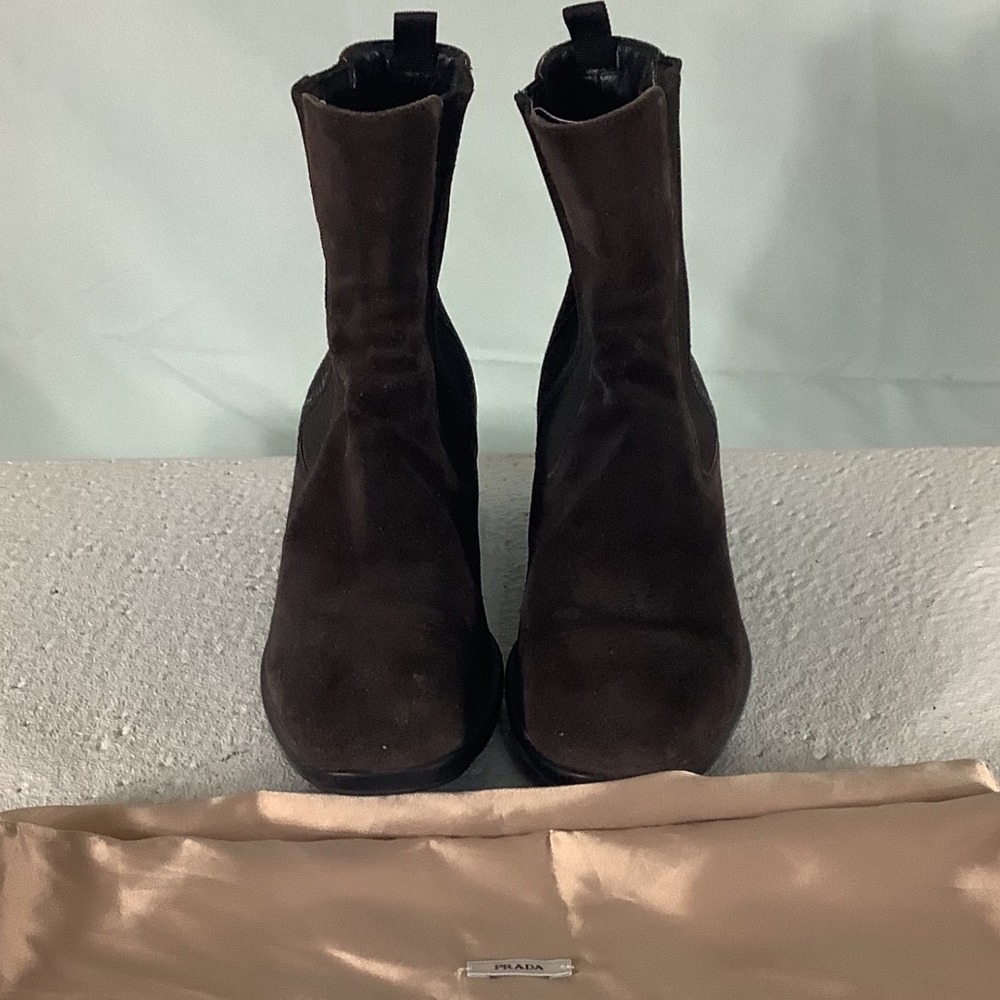 Prada Sport Brown Suede Chelsea‎ Boots Linea Rossa Block Heel 3925 Size 35